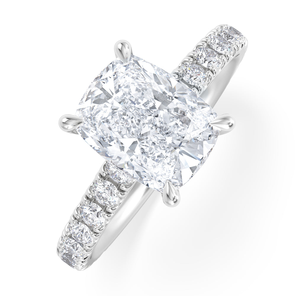 Amora 2.00ct Elongated Cushion Cut Lab Diamond Hidden Halo Engagement Ring with Side Stones in Platinum