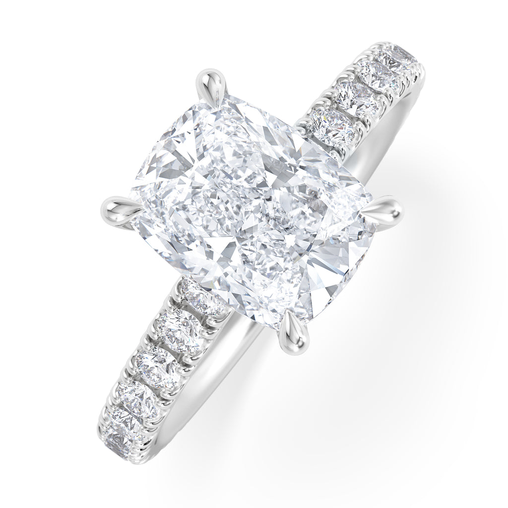 Amora 2.00ct Elongated Cushion Cut Lab Diamond Hidden Halo Engagement Ring with Side Stones in Platinum