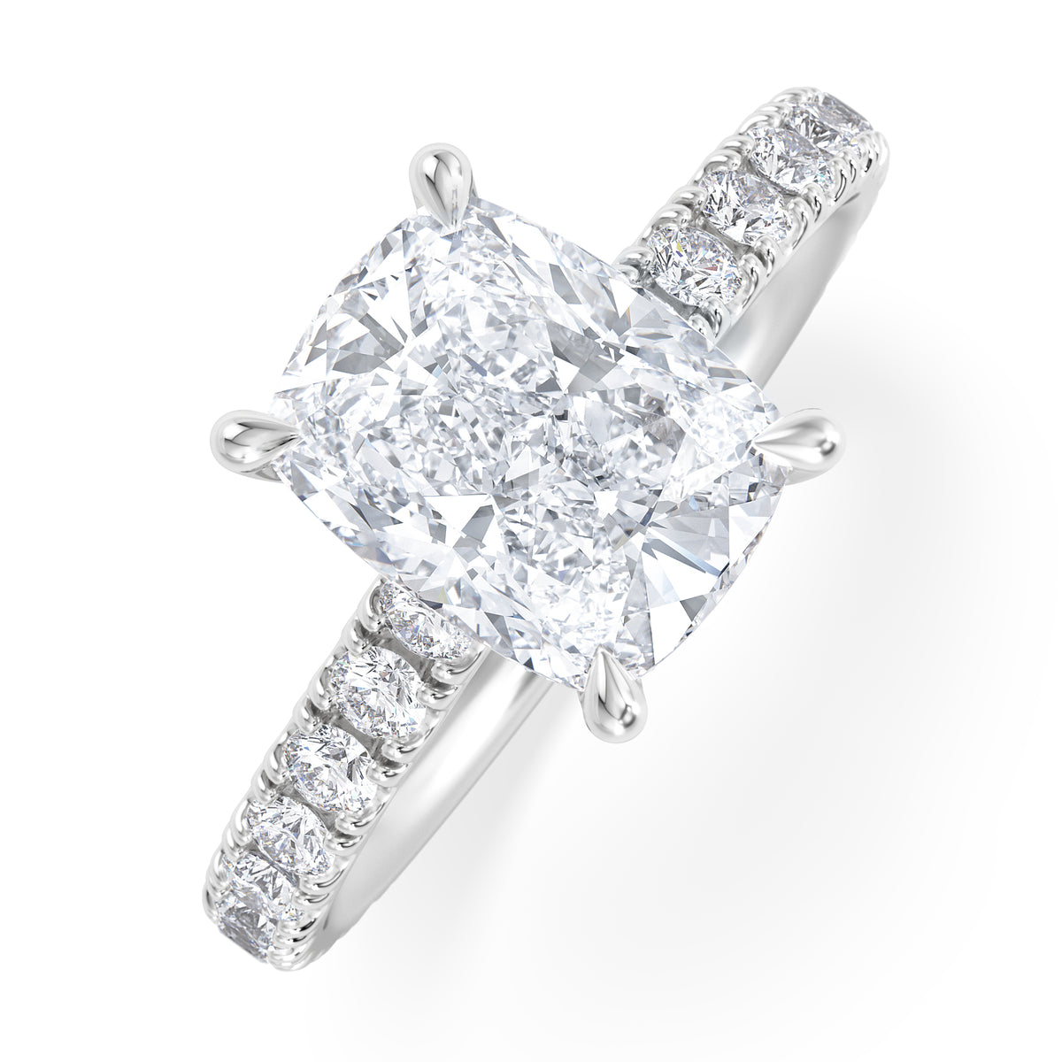Amora 2.00ct Elongated Cushion Cut Lab Diamond Hidden Halo Engagement Ring with Side Stones in 18K White Gold