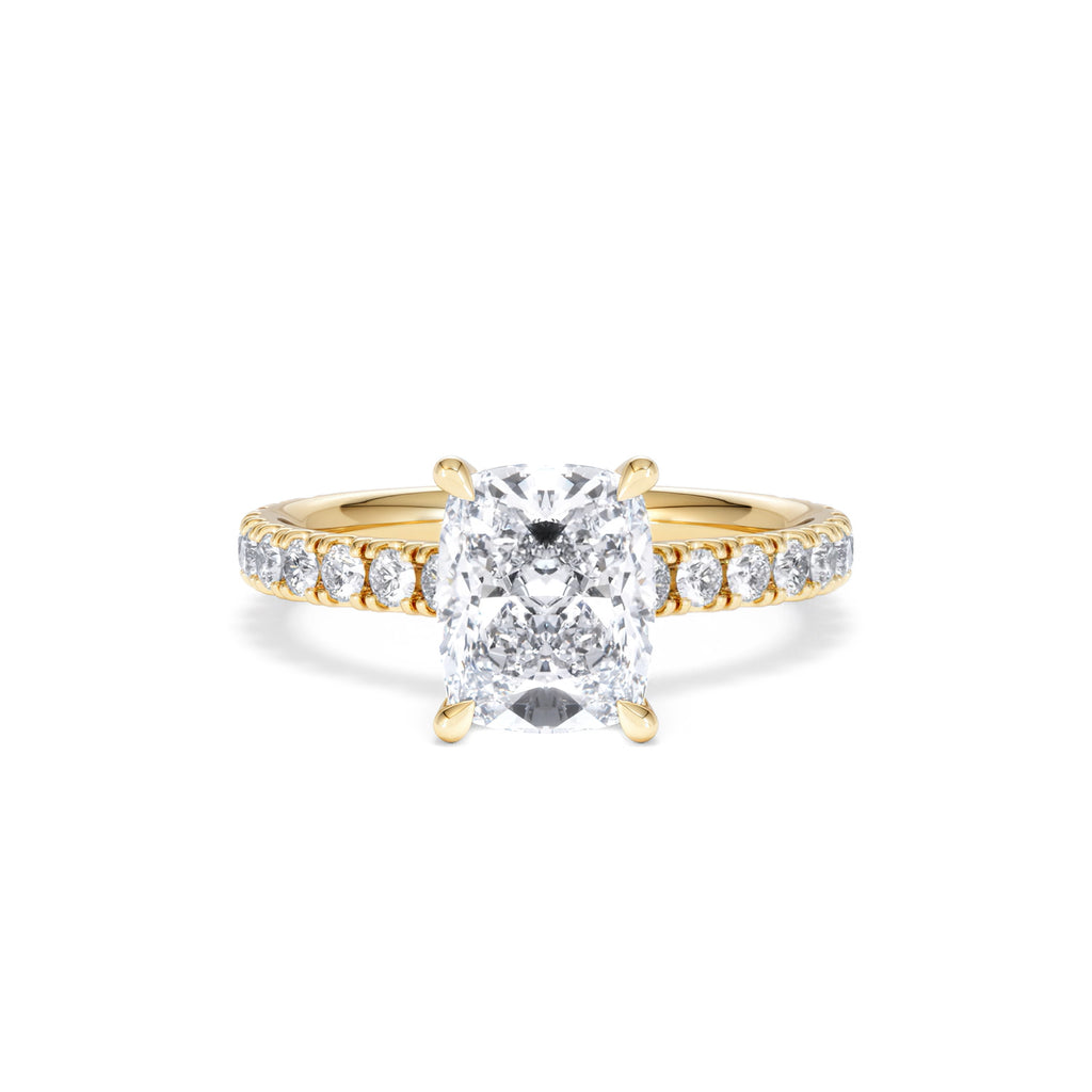 Amora 2.00ct Elongated Cushion Cut Lab Diamond Hidden Halo Engagement Ring with Side Stones in 18K Yellow Gold