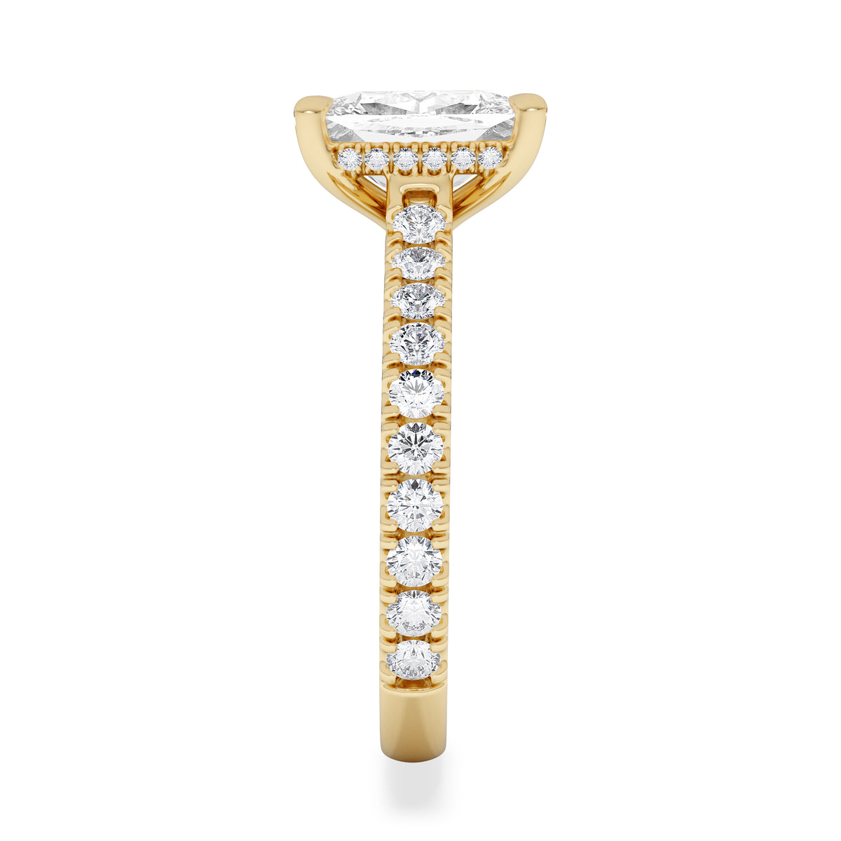 Amora 2.00ct Elongated Cushion Cut Lab Diamond Hidden Halo Engagement Ring with Side Stones in 18K Yellow Gold