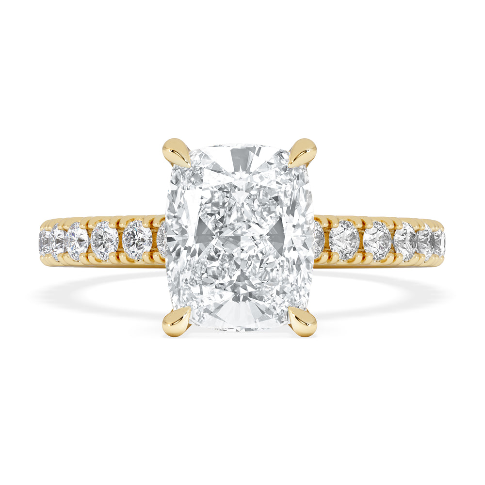 Amora 2.00ct Elongated Cushion Cut Lab Diamond Hidden Halo Engagement Ring with Side Stones in 18K Yellow Gold