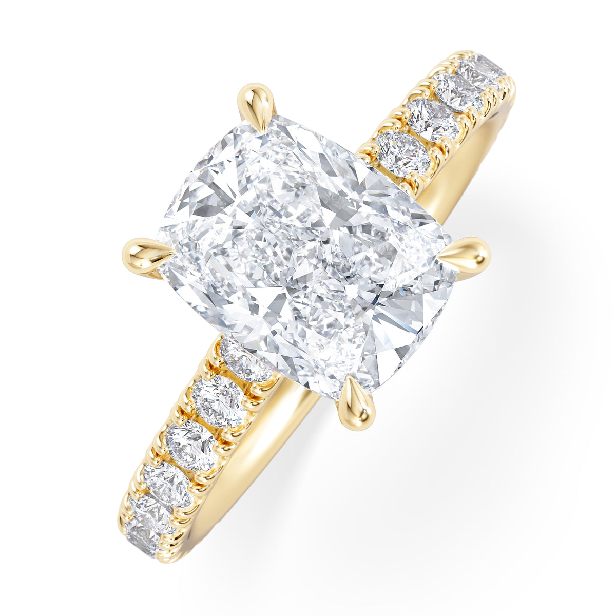Amora 2.00ct Elongated Cushion Cut Lab Diamond Hidden Halo Engagement Ring with Side Stones in 18K Yellow Gold