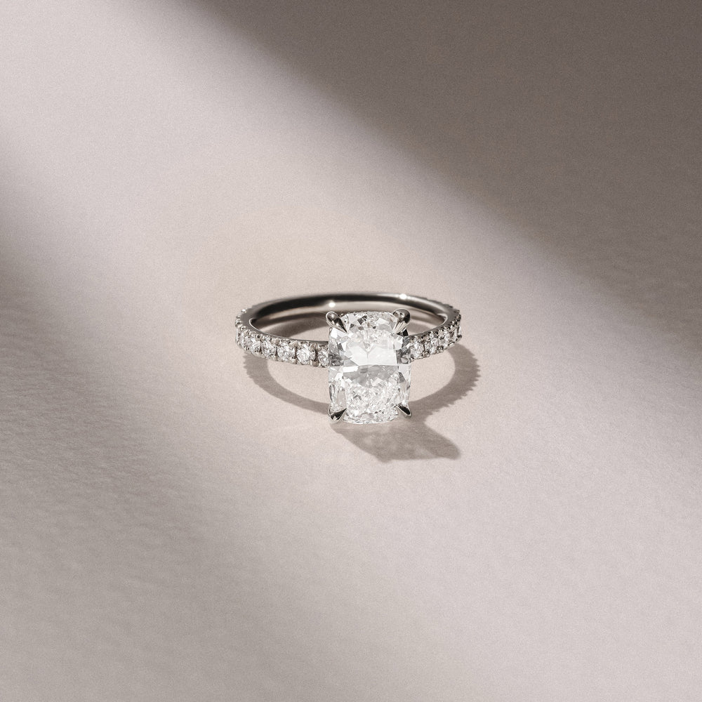 Amora 3.00ct Elongated Cushion Cut Lab Diamond Hidden Halo Engagement Ring with Side Stones in Platinum