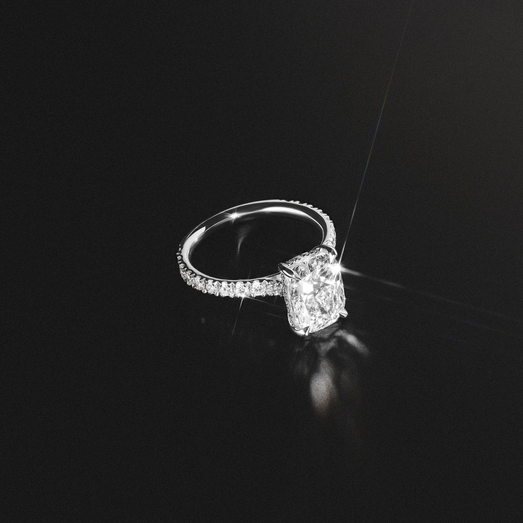 Amora 3.00ct Elongated Cushion Cut Lab Diamond Hidden Halo Engagement Ring with Side Stones in 18K White Gold