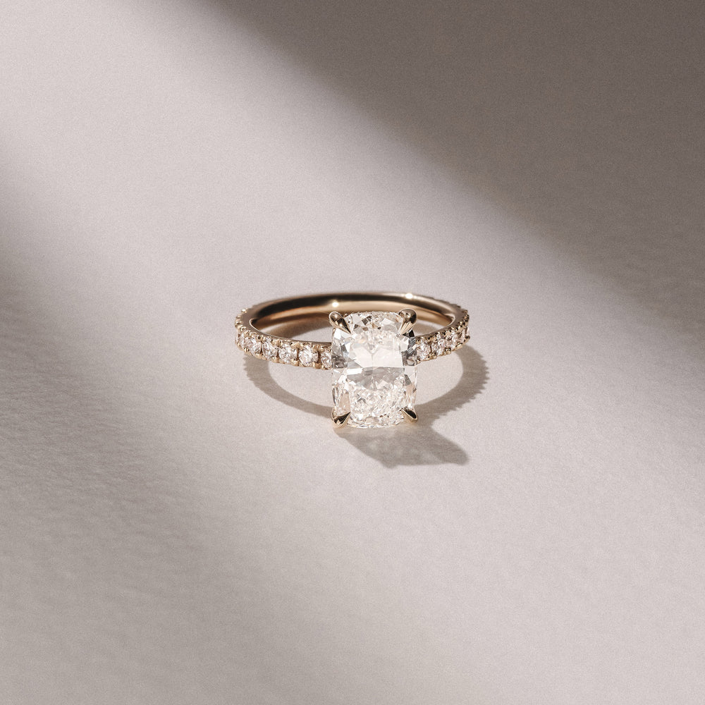 Amora 3.00ct Elongated Cushion Cut Lab Diamond Hidden Halo Engagement Ring with Side Stones in 18K Yellow Gold