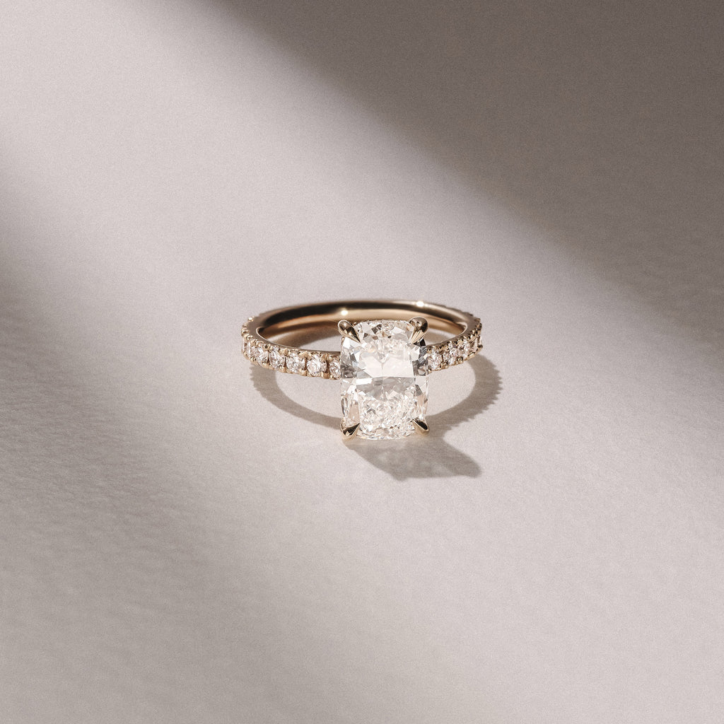 Amora 3.00ct Elongated Cushion Cut Lab Diamond Hidden Halo Engagement Ring with Side Stones in 18K Yellow Gold