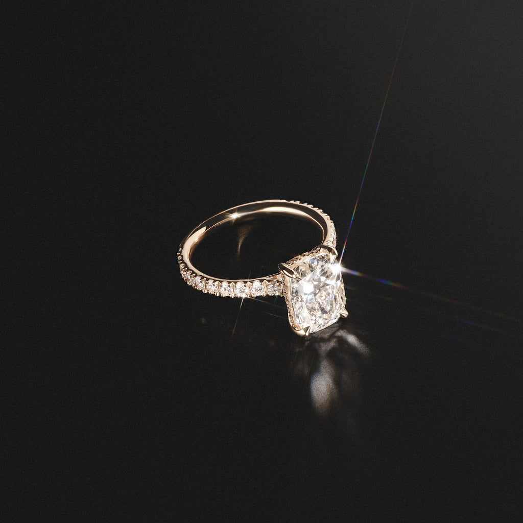 Amora 3.00ct Elongated Cushion Cut Lab Diamond Hidden Halo Engagement Ring with Side Stones in 18K Yellow Gold