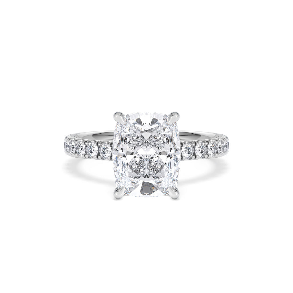Amora 3.00ct Elongated Cushion Cut Lab Diamond Hidden Halo Engagement Ring with Side Stones in 18K White Gold