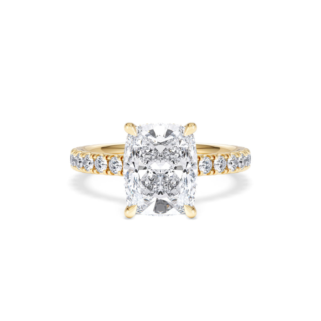 Amora 3.00ct Elongated Cushion Cut Lab Diamond Hidden Halo Engagement Ring with Side Stones in 18K Yellow Gold