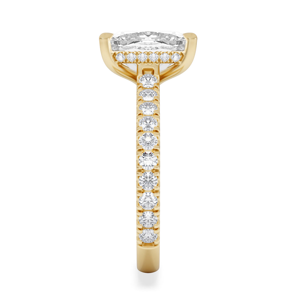 Amora 3.00ct Elongated Cushion Cut Lab Diamond Hidden Halo Engagement Ring with Side Stones in 18K Yellow Gold