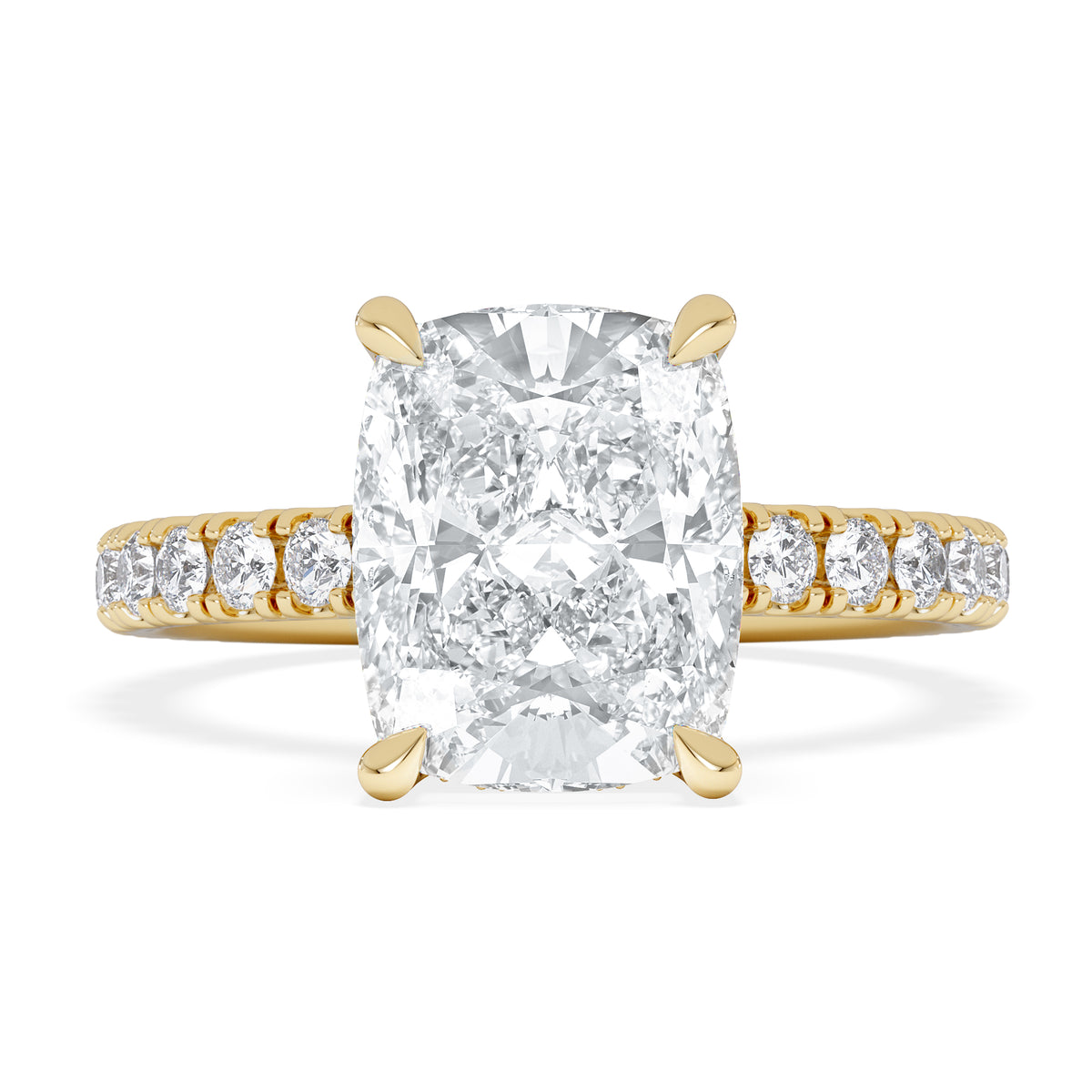 Amora 3.00ct Elongated Cushion Cut Lab Diamond Hidden Halo Engagement Ring with Side Stones in 18K Yellow Gold