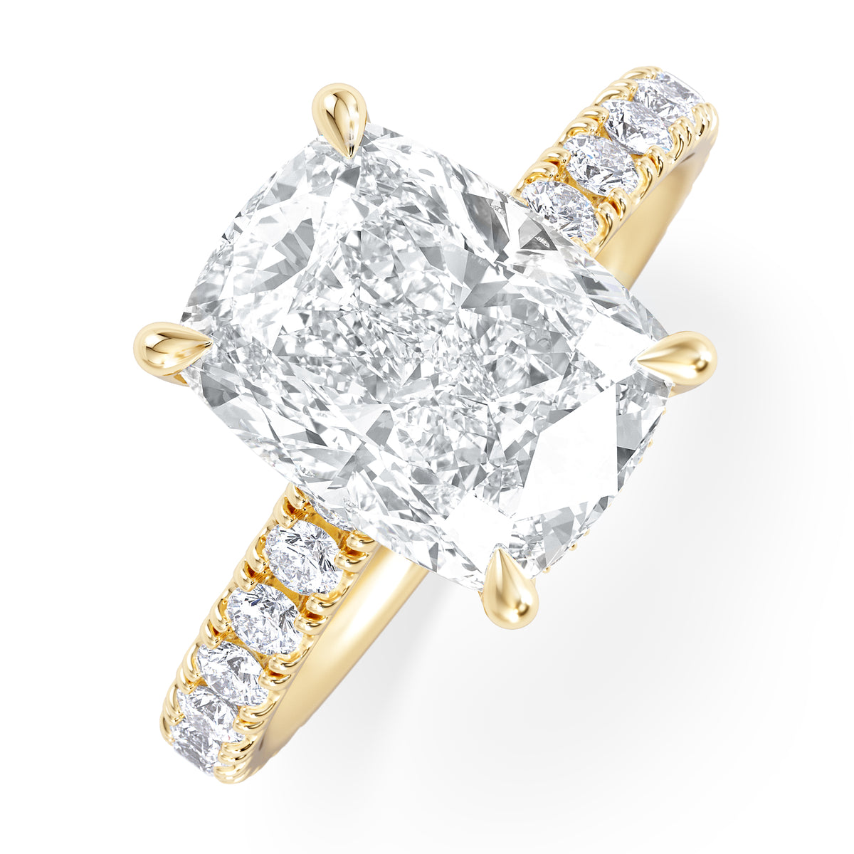 Amora 3.00ct Elongated Cushion Cut Lab Diamond Hidden Halo Engagement Ring with Side Stones in 18K Yellow Gold