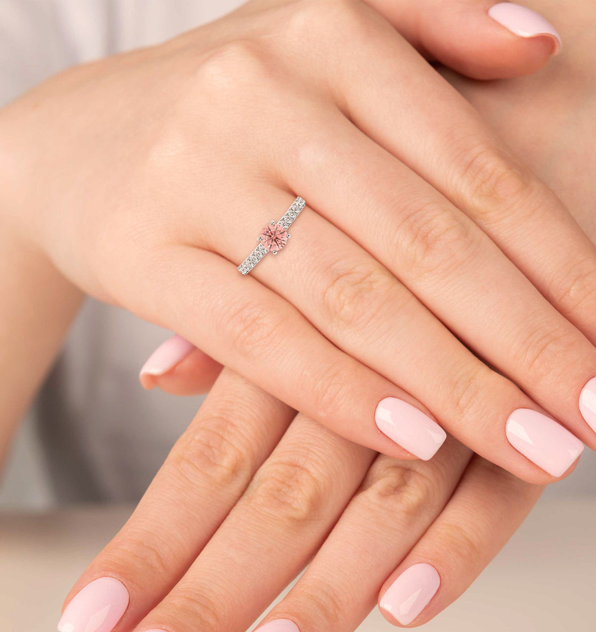 Natalia Pink Lab Diamond 1.50ct Side Stone Ring in 18K White Gold - Elara Collection