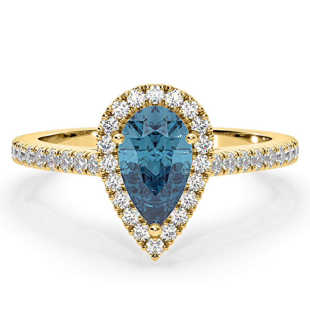 Diana Blue Lab Diamond Pear Halo Ring 1.60ct in 18K Yellow Gold - Elara Collection