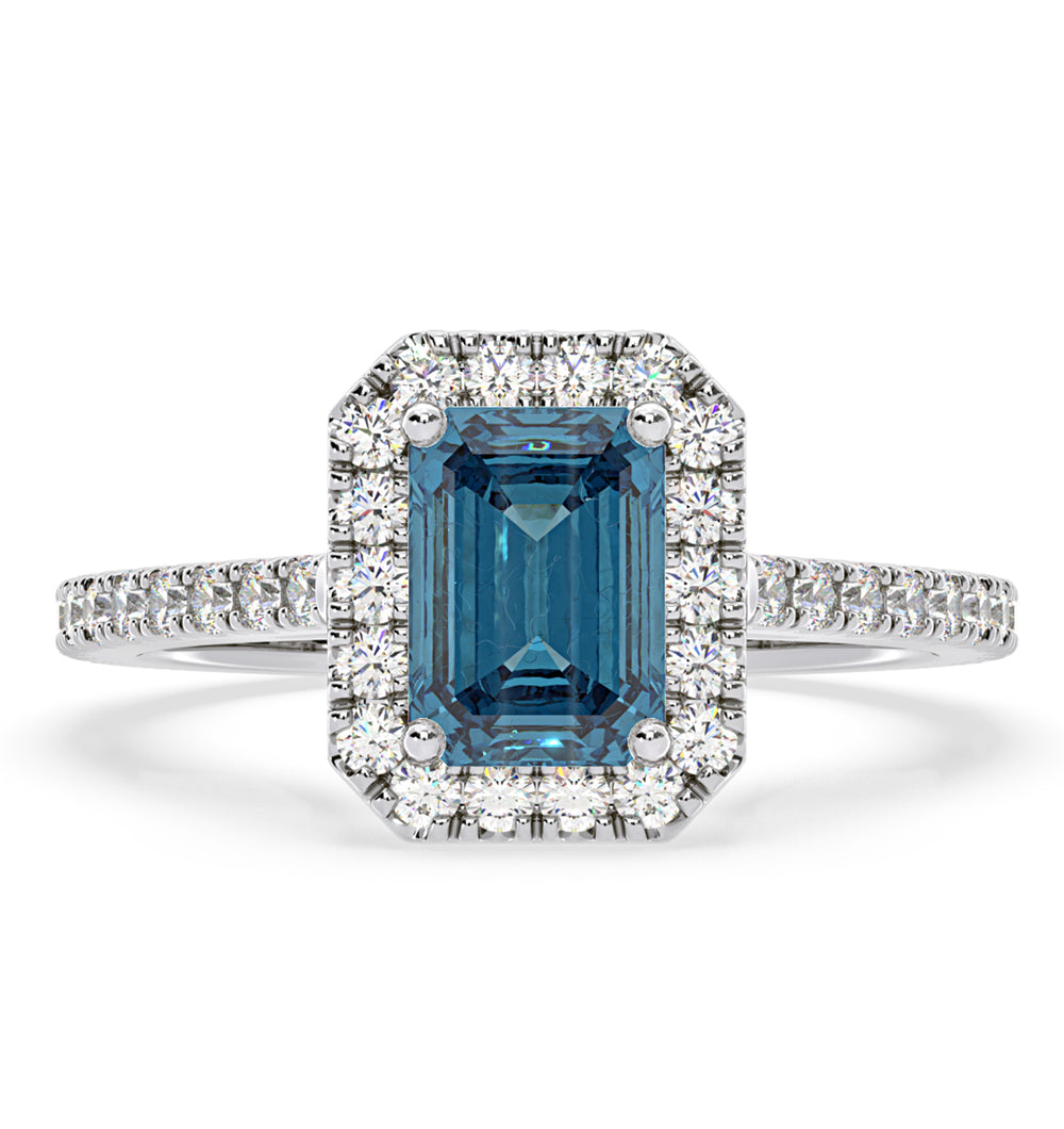 Annabelle Blue Lab Diamond 1.65ct Emerald Cut Halo Ring in 18K White Gold - Elara Collection