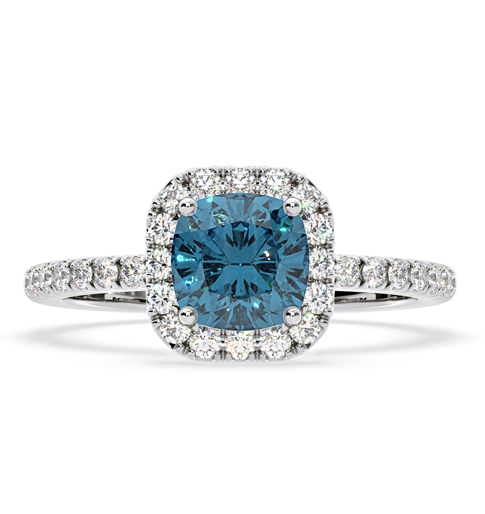 Beatrice Blue Lab Diamond 1.65ct Cushion Halo Ring in 18K White Gold- Elara Collection