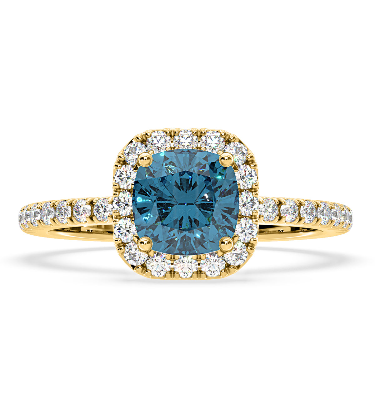 Beatrice Blue Lab Diamond 1.65ct Cushion Halo Ring in 18K Yellow Gold- Elara Collection