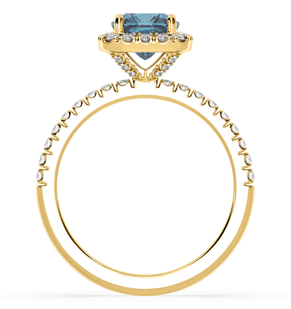 Beatrice Blue Lab Diamond 1.65ct Cushion Halo Ring in 18K Yellow Gold- Elara Collection