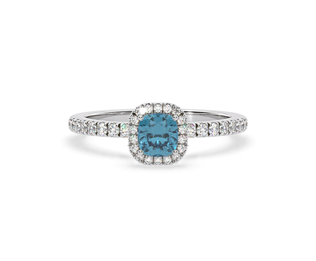 Beatrice Blue Lab Diamond 1.00ct Cushion Halo Ring in 18K White Gold- Elara Collection