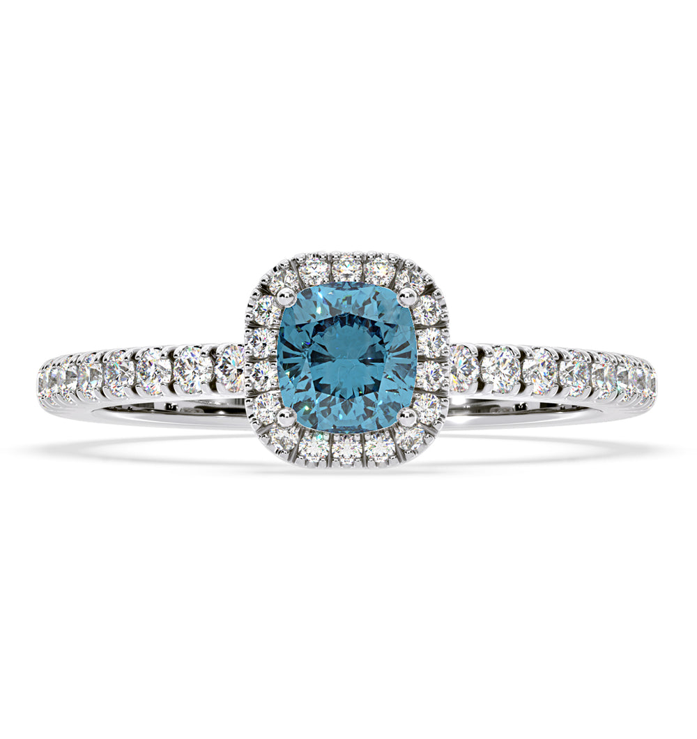 Beatrice Blue Lab Diamond 1.00ct Cushion Halo Ring in 18K White Gold- Elara Collection