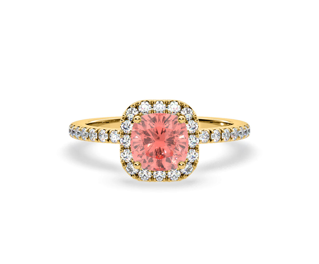 Beatrice Pink Lab Diamond 1.65ct Cushion Halo Ring in 18K Yellow Gold- Elara Collection