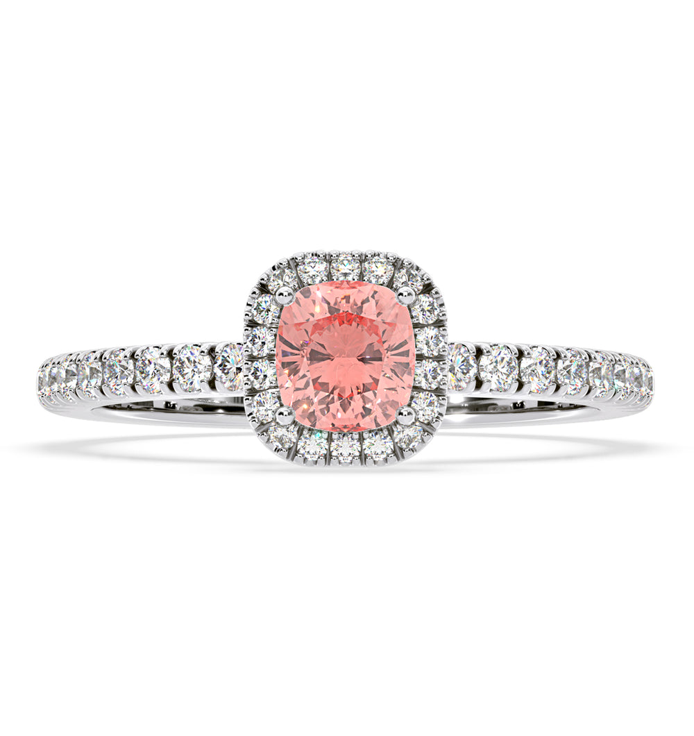 Beatrice Pink Lab Diamond 1.00ct Cushion Halo Ring in Platinum - Elara Collection