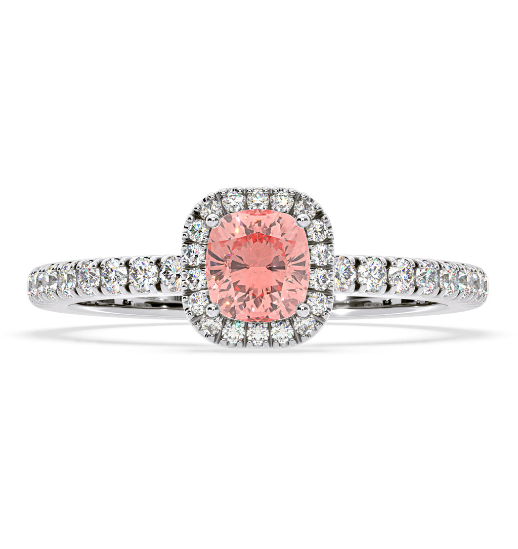 Beatrice Pink Lab Diamond 1.00ct Cushion Halo Ring in Platinum - Elara Collection