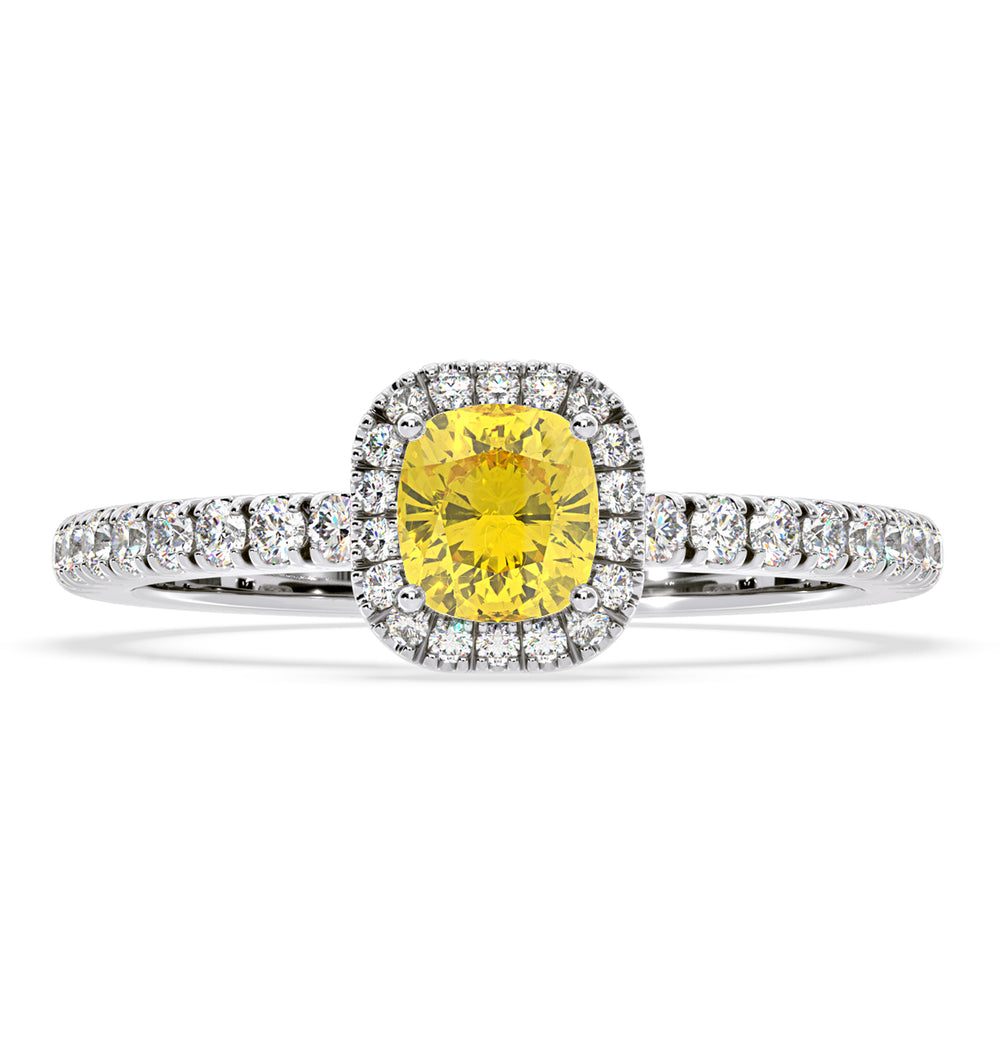 Beatrice Yellow Lab Diamond 1.00ct Cushion Halo Ring in 18K White Gold- Elara Collection