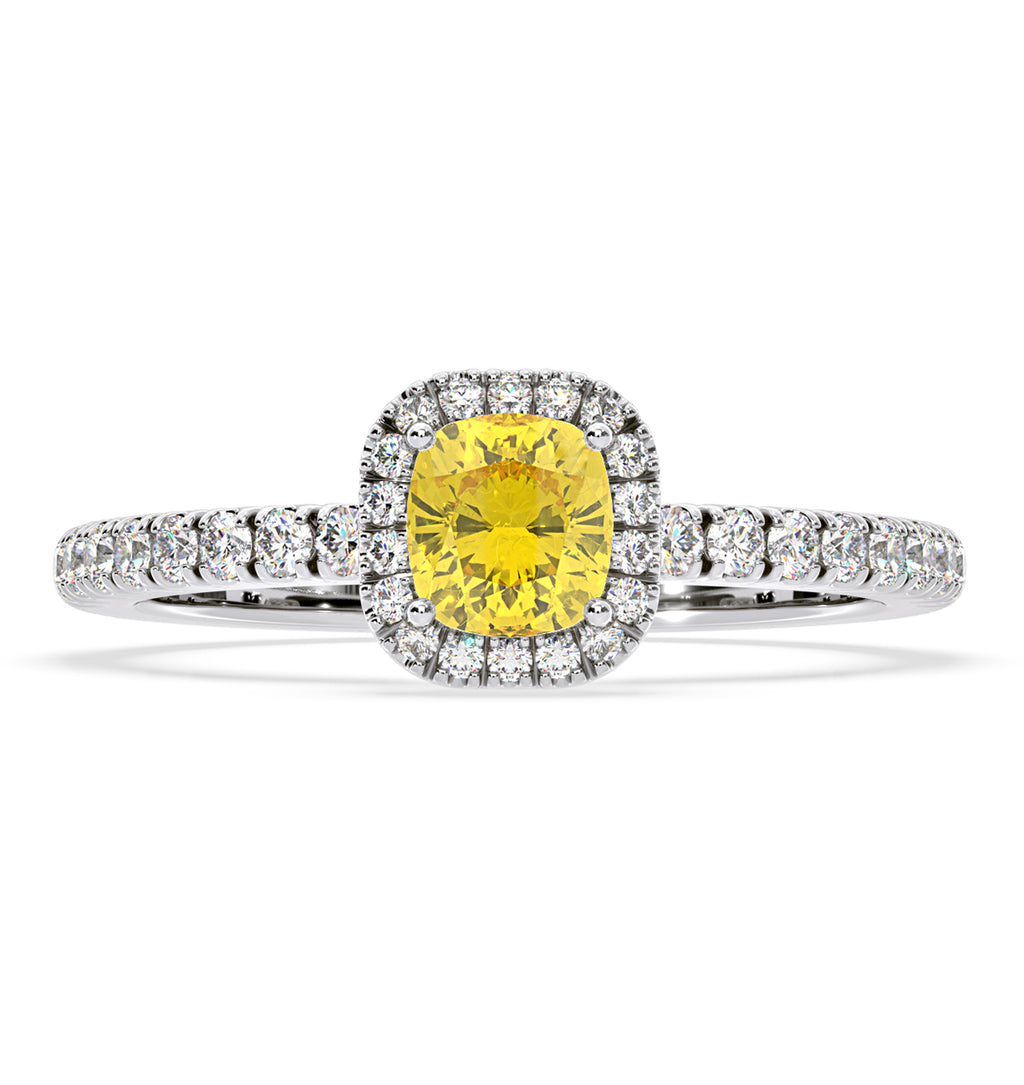 Beatrice Yellow Lab Diamond 1.00ct Cushion Halo Ring in 18K White Gold- Elara Collection