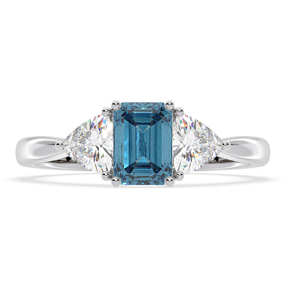Aurora Blue Lab Diamond Emerald Cut and Trillion 1.70ct Ring in Platinum - Elara Collection