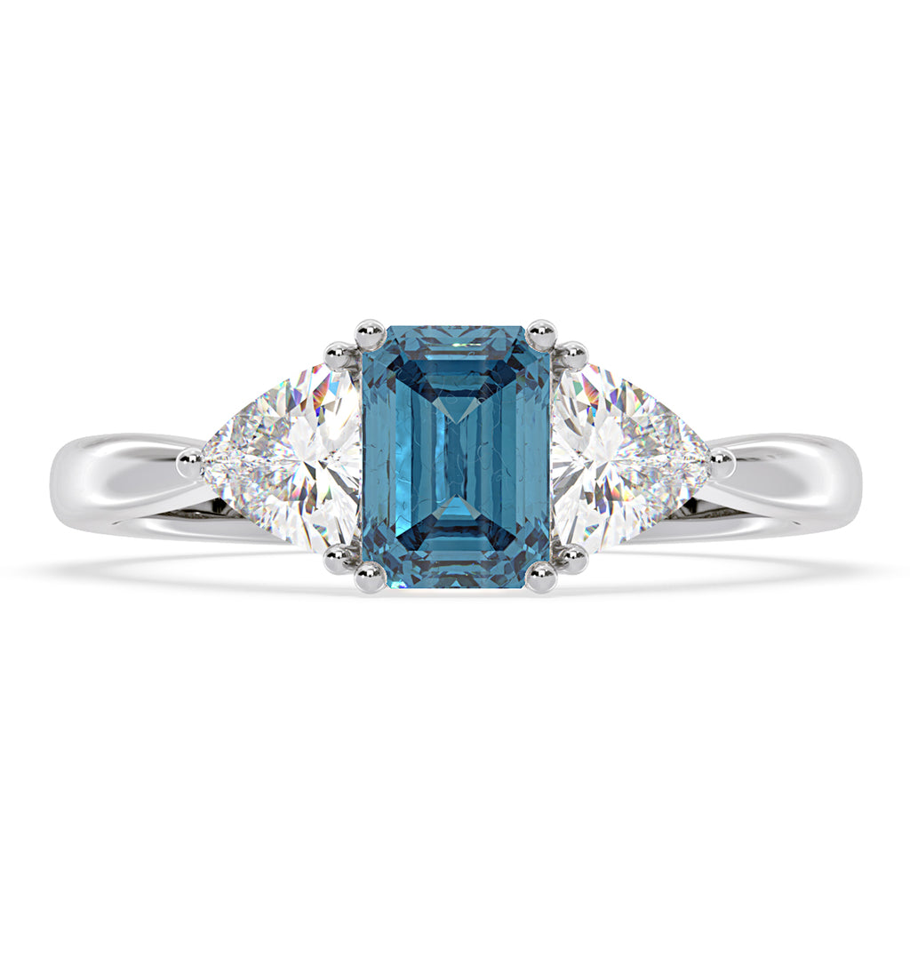 Aurora Blue Lab Diamond Emerald Cut and Trillion 1.70ct Ring in Platinum - Elara Collection