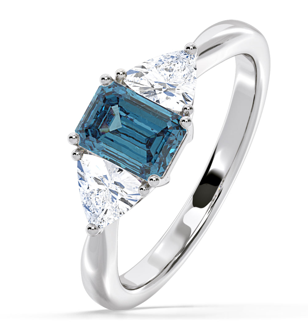 Aurora Blue Lab Diamond Emerald Cut and Trillion 1.70ct Ring in Platinum - Elara Collection