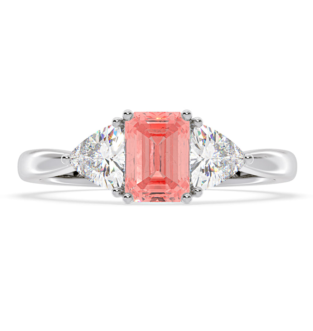 Aurora Pink Lab Diamond Emerald Cut and Trillion 1.70ct Ring in 18K White Gold - Elara Collection