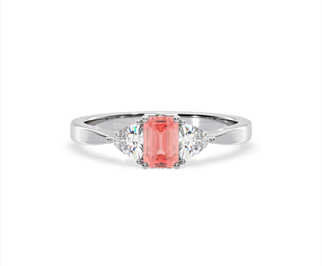 Aurora Pink Lab Diamond Emerald Cut and Trillion 1.00ct Ring in 18K White Gold - Elara Collection