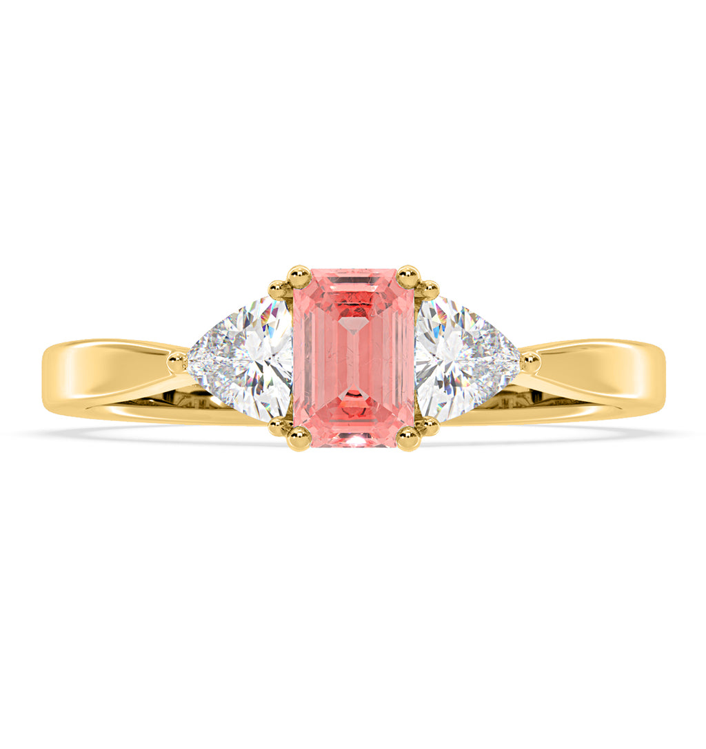 Aurora Pink Lab Diamond Emerald Cut and Trillion 1.00ct Ring in 18K Yellow Gold - Elara Collection
