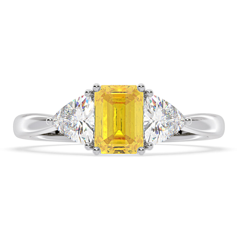 Aurora Yellow Lab Diamond Emerald Cut and Trillion 1.70ct Ring in 18K White Gold - Elara Collection