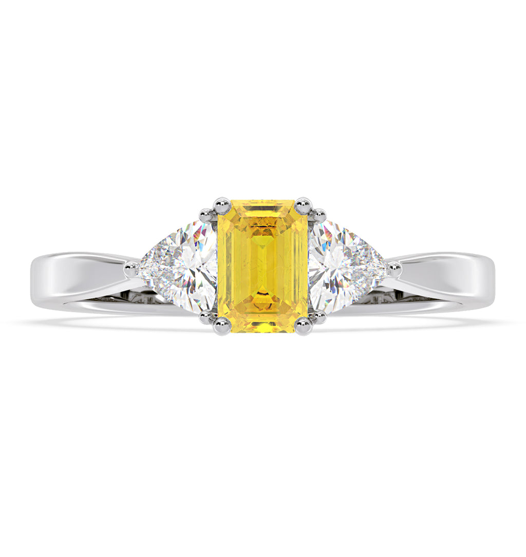 Aurora Yellow Lab Diamond Emerald Cut and Trillion 1.00ct Ring in 18K White Gold - Elara Collection