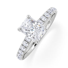 Amora Radiant 1.00ct Hidden Halo Diamond Engagement Ring With Side Stones Set in 18K White Gold