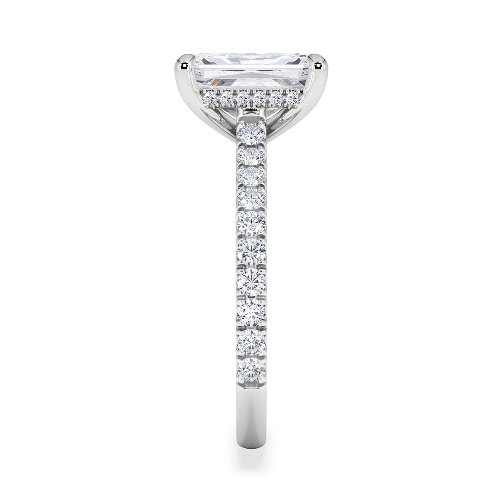 Amora Radiant 2.00ct Hidden Halo Lab Diamond Engagement Ring With Side Stones Set in 18K White Gold