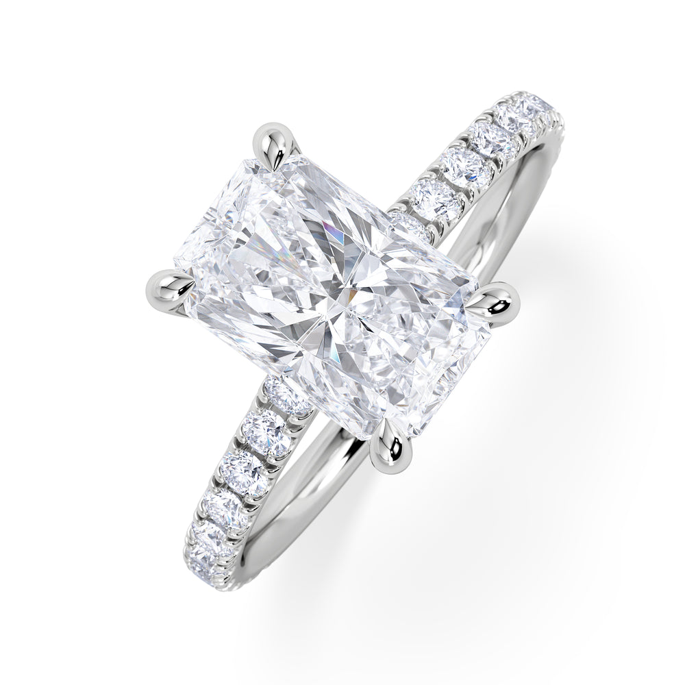 Amora Radiant 2.00ct Hidden Halo Lab Diamond Engagement Ring With Side Stones Set in 18K White Gold