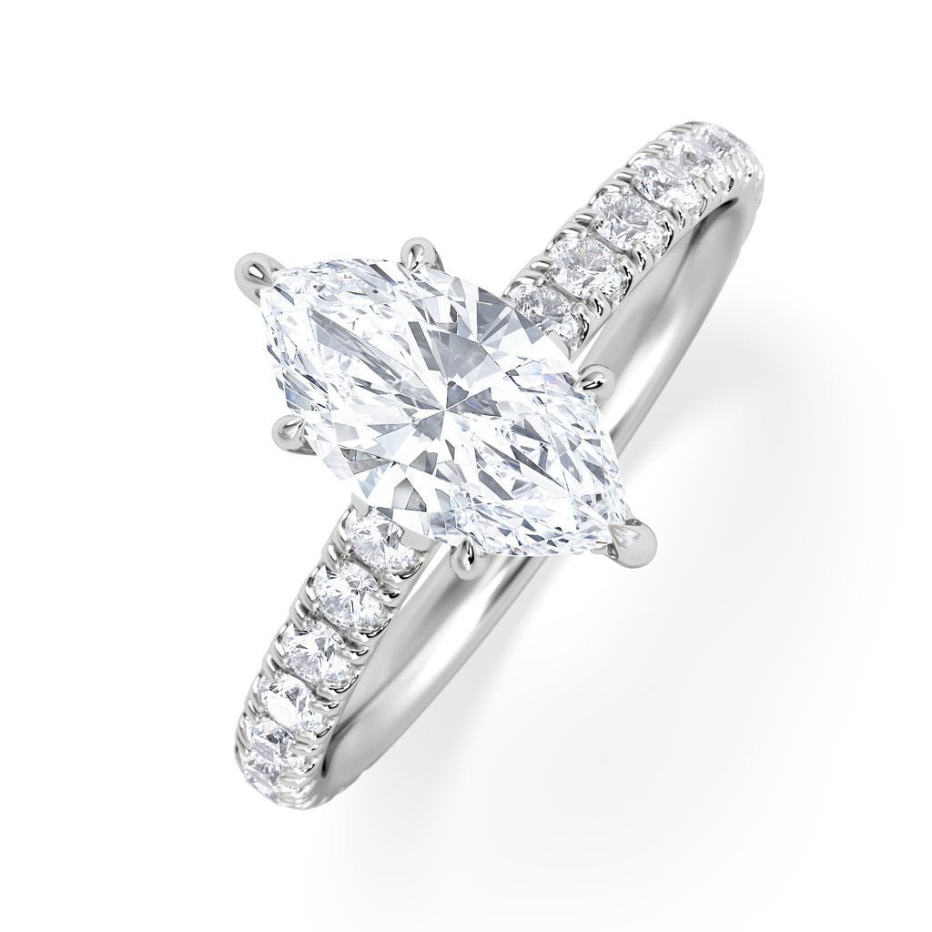 Amora Marquise 1.47ct Hidden Halo Engagement Ring With Side Stone Set in Platinum