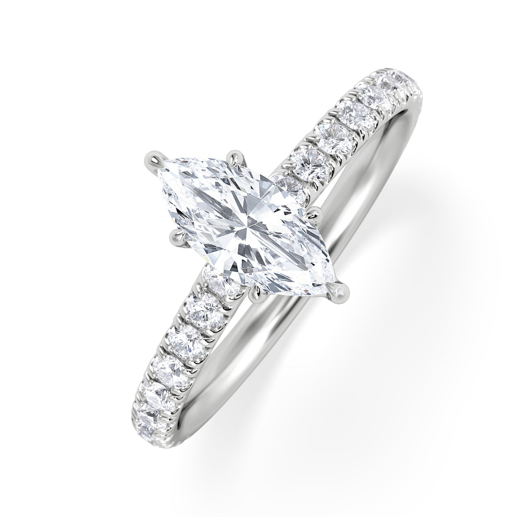 Amora Marquise 0.97ct Hidden Halo Diamond Engagement Ring With Side Stones Set in Platinum