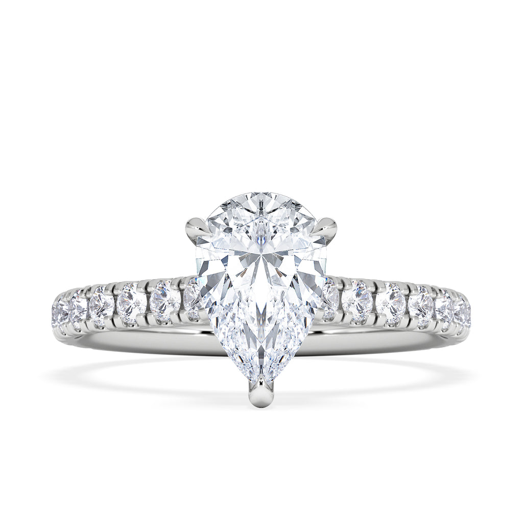 Amora Pear 1.47ct Hidden Halo Lab Diamond Engagement Ring With Side Stones Set in 18K White Gold