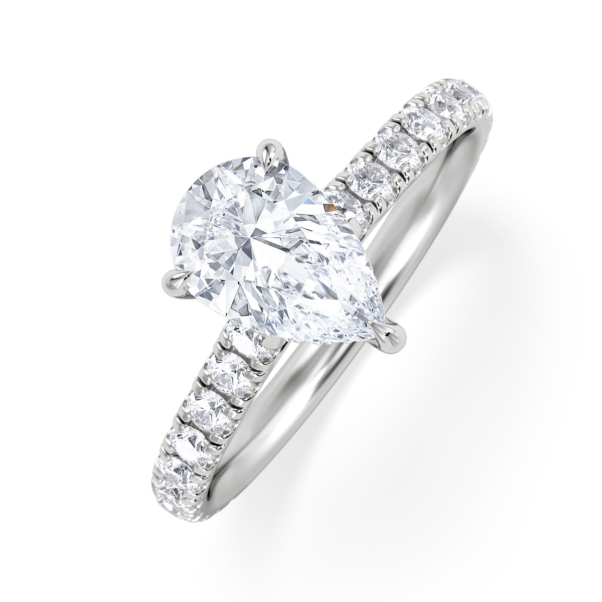 Amora Pear 1.47ct Hidden Halo Lab Diamond Engagement Ring With Side Stones Set in 18K White Gold