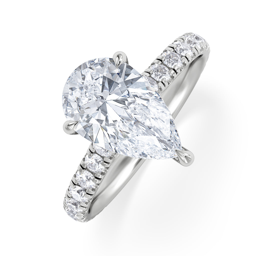 Amora Pear 2.55ct Hidden Halo Lab Diamond Engagement Ring With Side Stones Set in 18K White Gold