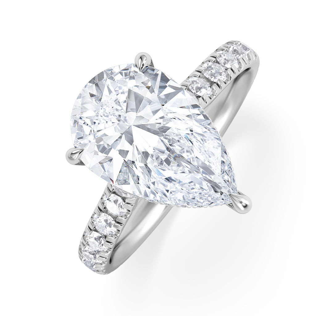 Amora Pear 3.36ct Hidden Halo Lab Diamond Engagement Ring With Side Stones Set in 18K Platinum