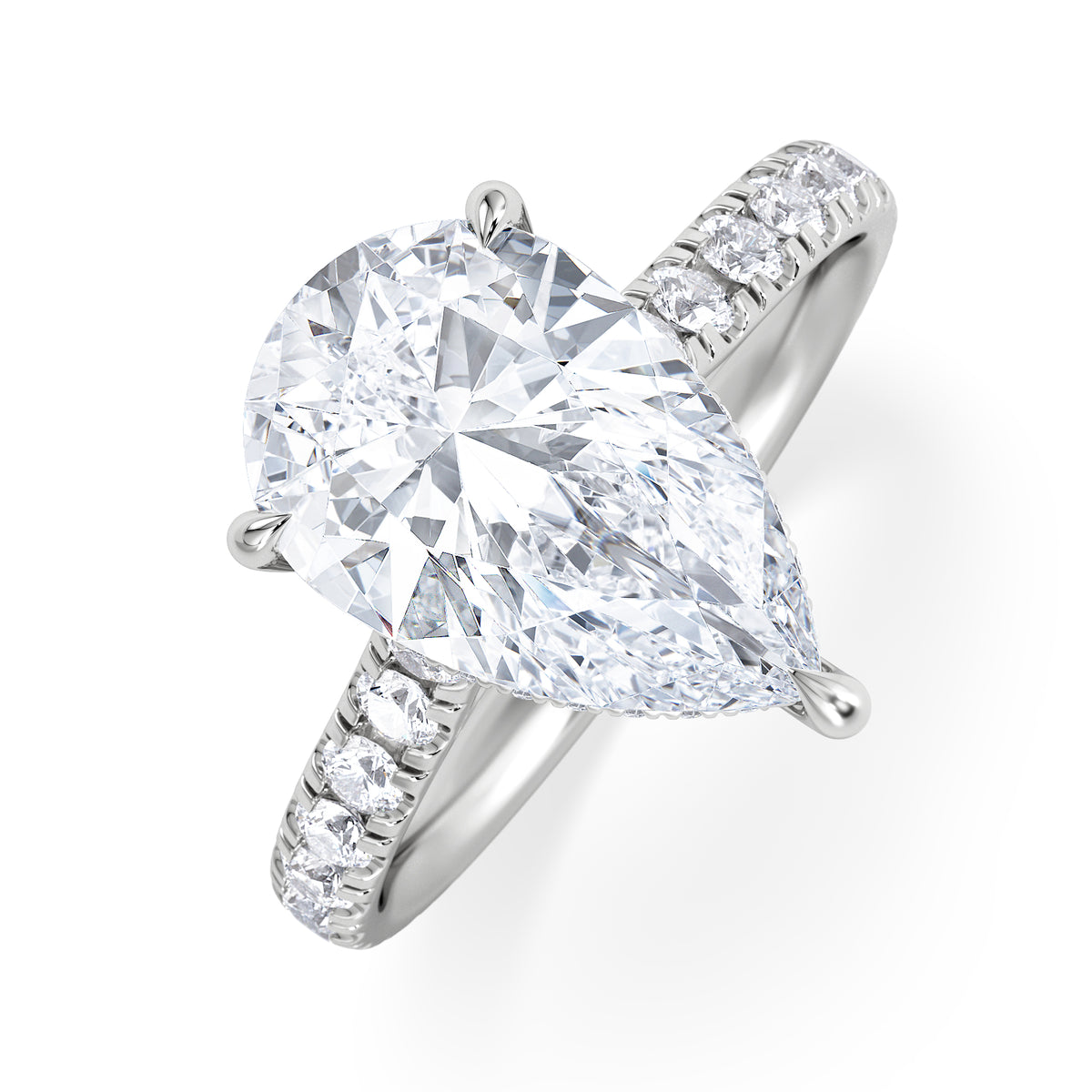 Amora Pear 3.36ct Hidden Halo Lab Diamond Engagement Ring With Side Stones Set in 18K Platinum