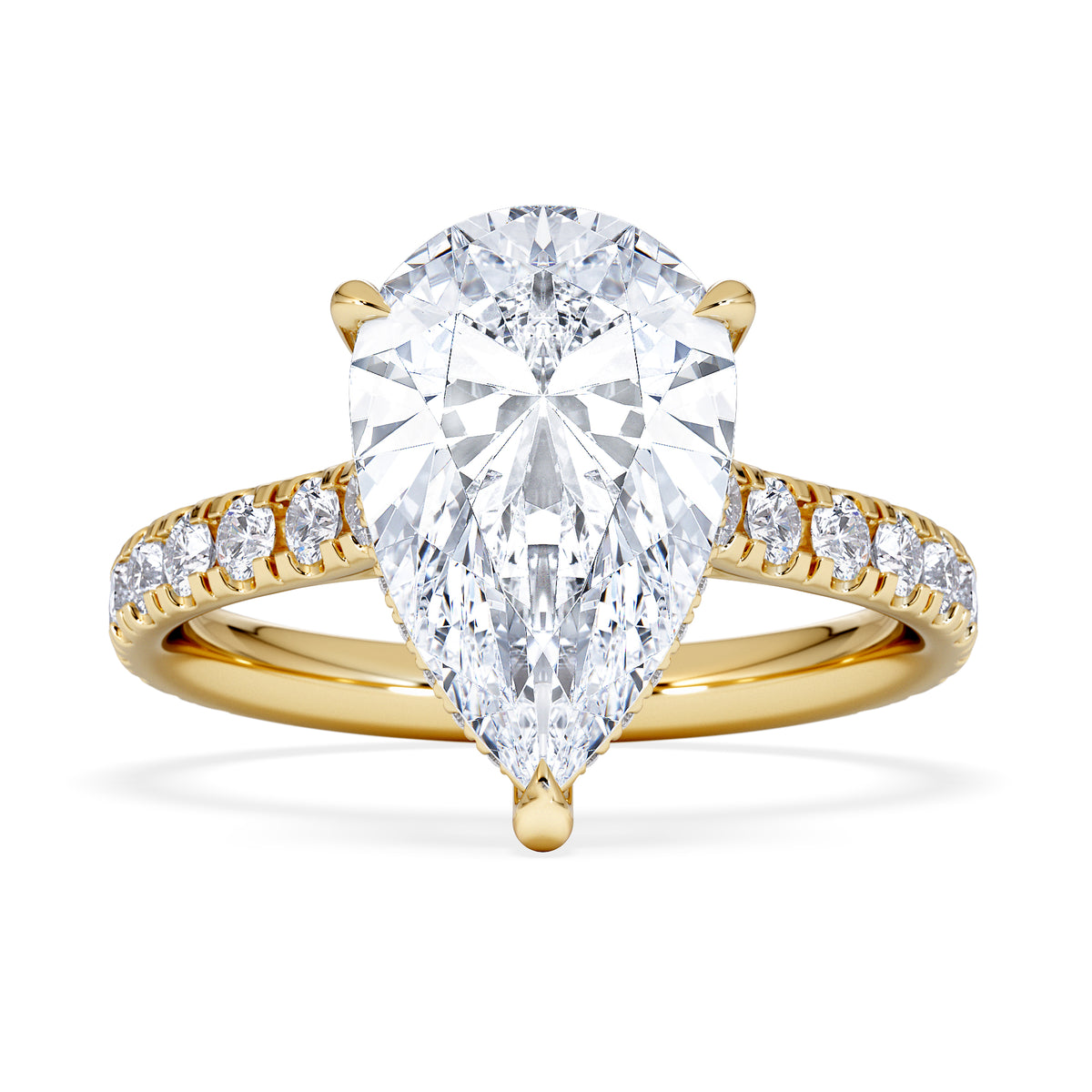 Amora Pear 3.36ct Hidden Halo Lab Diamond Engagement Ring With Side Stones Set in 18K Gold