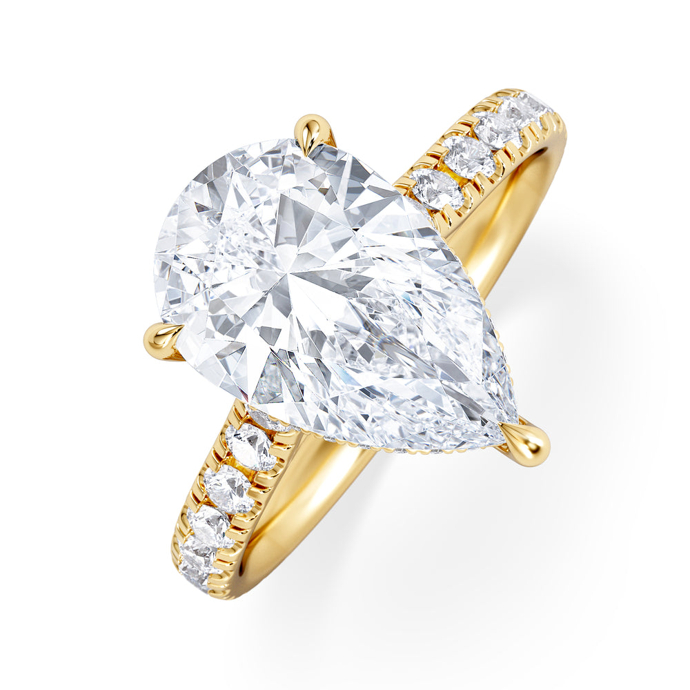 Amora Pear 3.36ct Hidden Halo Lab Diamond Engagement Ring With Side Stones Set in 18K Gold